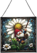Gnome and Daisy Swing Stained Glass Suncatcher – Square Hanging Window Panel for Home or Greenhouse – Whimsical Glass Art Gift for Garden Lovers, Christmas, Halloween, Father Days eoMJv6 by Custom