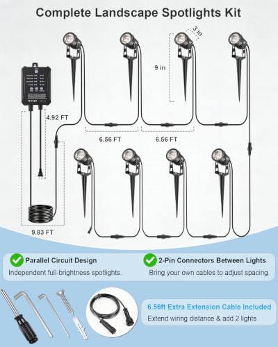 Low Voltage Landscape Lighting with Timer & Photocell Transformer, 8 Pack Plug and Play Waterproof Landscape Lights, 24V Outdoor Spot Lights for Yard Garden Pathway Tree, 3000K Warm White - Image 6
