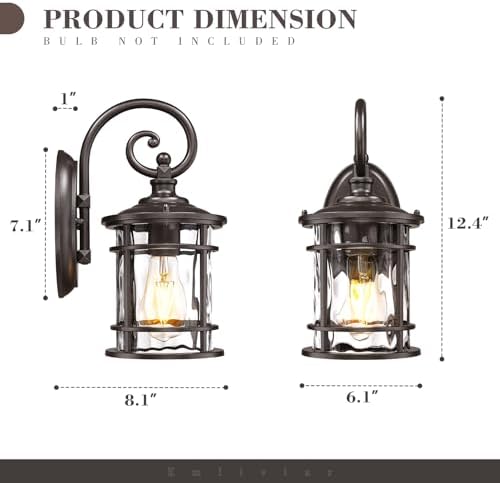 Emliviar Outdoor Porch Light Fixture, 12.4" Outside Wall Mount Lighting for Entryway, Exterior Wall Sconce Lamp with Water Ripple Glass, Oil Rubbed Bronze Finish, XE229BWG-S ORB - Image 6