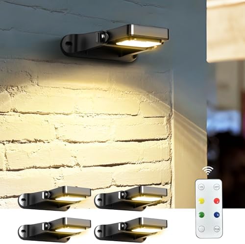 COXSENI 4 Pack Solar Wall Lights Outdoor with Remote Control, 200LM & Long Lasting Battery, 6 Color Modes, Warm/Cool White, RGB, IP65 Waterproof 360° Adjustable Angle for Fence Porch Step by COXSENI