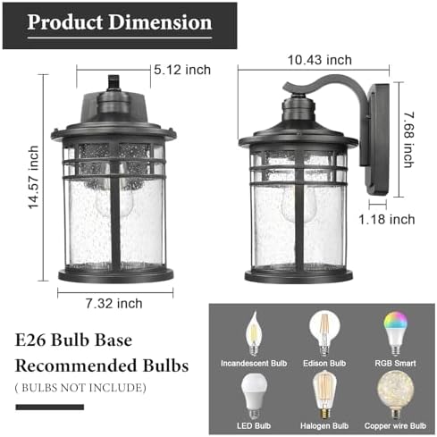 Darkaway Large Outdoor Porch Lights Wall Mount, 15inch Outdoor Light Fixtures Sconces Wall Lighting with Seeded Glass Exterior Lights for Patio Yard House Hallway Doorway Garage(Large, Black) - Image 3