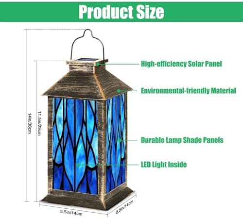 Solar Lantern Blue Stained Glass Window Seamless for Modern Design Luxury Outdoor Garden Hanging Lantern Waterproof Solar Powered Lighting Outside Table Lamp for Deck Yard Camping Patio Decor - Image 2