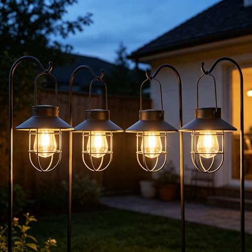 Solar Lanterns Outdoor Waterproof,4pack Hanging Solar Lights Lantern Lamp with Shepherd Hook, Metal Waterproof Edison Bulb Lights for Garden Outdoor Pathway by HOOEN