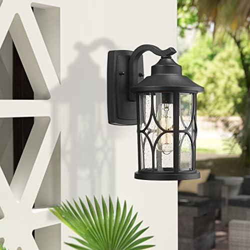 zeyu Farmhouse Outdoor Wall Lantern - 12 Inch Exterior Wall Sconce, Cast Aluminum with Seeded Glass, Black Finish, ZX48B BK - Image 4