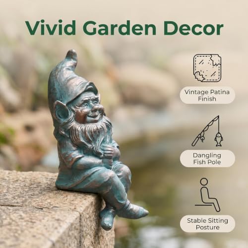 Garden Gnome Pond Statue Decoration, Fishing Copper Gnome Garden Statue Outdoor Koi Pond or Waterfall Decor, 9.7" Gnome Fishing Poolside Statue with Glow in Dark Pebbles Included, Great Gifts for Mom - Image 2