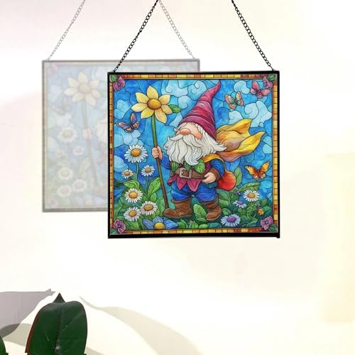 Spring Parade Gnome Stained Glass Suncatcher – Square Hanging Window Panel for Home or Greenhouse – Whimsical Glass Art Gift for Garden Lovers, Christmas, Halloween, Father Days fFF7J7 - Image 4
