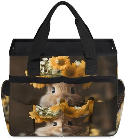 Funny Rabbit Garden Tool Bag Organizer Heavy Duty Floral Rabbit Gardening Tote Bag with 10 Pockets for Women Men Gardening Gifts - Image 3