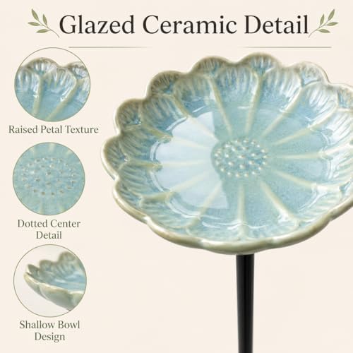 Ceramic Pollinator Watering Station for Garden, Flower Shaped Bee Butterfly Water Feeder Bowl on Stake, Outdoor Yard Decor, 1 Pack, Blush Pink - Image 3