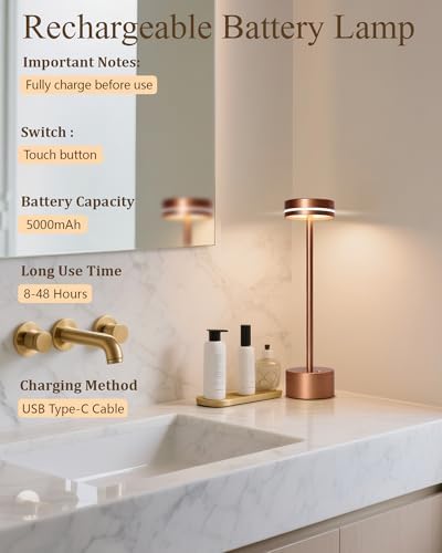 2 Pack LED Cordless Table Lamp Rechargeable, 5000mAh Portable Battery Operated LED Desk Lamp, 3 Color Dimmable Table Light for Home Office/Dining/Nightstand for Home Décor – Reddish Brown - Image 5