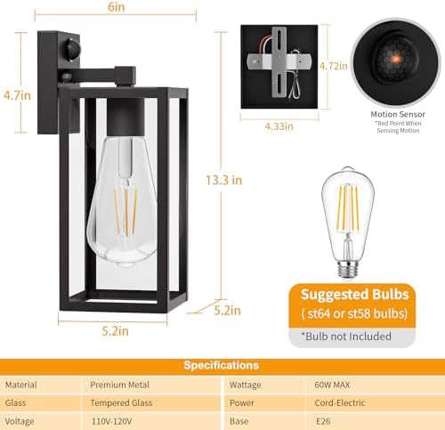 2 Pack 13‘’ Motion Sensor Outdoor Wall Light Fixture, Large Front Porch Lights for House, Exterior Wall Sconce, Black Waterproof Lantern Lamp,Outside Coach Light for Garage Entryway Yard - Image 5