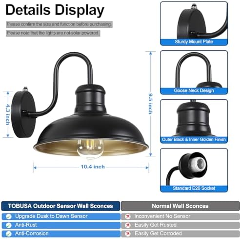 TOBUSA 2-Pack Dusk to Dawn Outdoor Wall Lights, 10’’ Waterproof Farmhouse Gooseneck Outdoor Barn Light, Anti-Rust Vintage Black&Gold Outside Wall Sconce Lights for House Porch Garage - Image 5