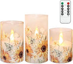 Sunflower Glass Flameless Candles Battery Operated with Remote Timer Flickering LED Pillar Candles Summer Fall Decorations Gifts for Women Mothers Day Birthday Table Centerpieces, Set of 3 by immeiscent