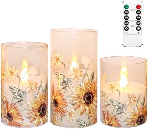 Sunflower Glass Flameless Candles Battery Operated with Remote Timer Flickering LED Pillar Candles Summer Fall Decorations Gifts for Women Mothers Day Birthday Table Centerpieces, Set of 3 by immeiscent