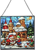 Gnome with Snow Fort Stained Glass Suncatcher – Square Hanging Window Panel for Home, Garden, Nursery, Halloween, Christmas, Memorial Day – Whimsical Glass Art Gift for Gnome Lovers l8j02f by Custom