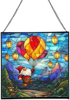 Gnome with Lantern Balloons Stained Glass Suncatcher – Square Hanging Window Panel for Home or Greenhouse – Whimsical Glass Art Gift for Garden Lovers, Christmas, Halloween, Father Days smlKhE by Custom
