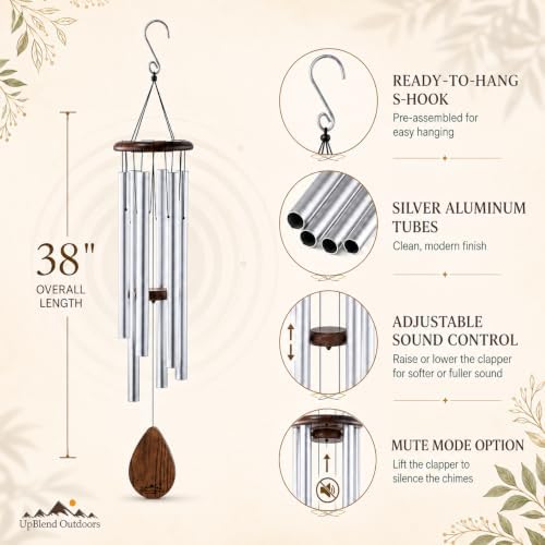 38" Silver Aluminum Wind Chimes for Outside, Deep Tone, E Major Pentatonic - Image 5
