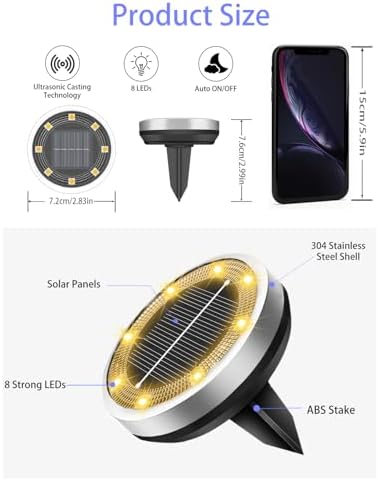 Solar Lights Outdoor Waterproof, 18 Pack 8 LED, Thickened Stainless Steel Ground Light, Solar Garden Lights Landscape Lighting for Patio Pathway Lawn Yard Deck Driveway Walkway, Warm White - Image 6