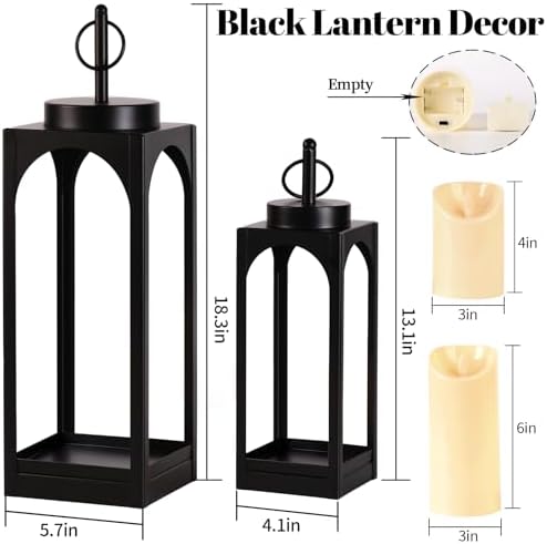 18" 13" Decorative Lanterns Set of 2, Black Outdoor Lanterns with Candles - Image 2