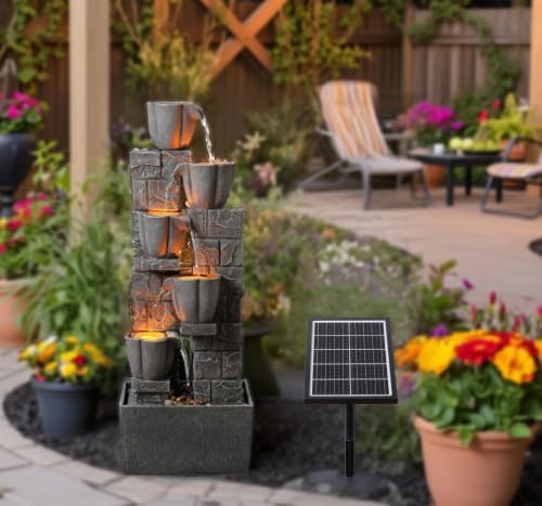 36.2'' Tall Solar Powered 4 Tiers Water Fountain, Floor-Standing Tulip Design Outdoor Waterfall Fountain, Natural Cascading Water Feature Decor for Garden, Backyard, Lawn, Yard Landscape - Image 2