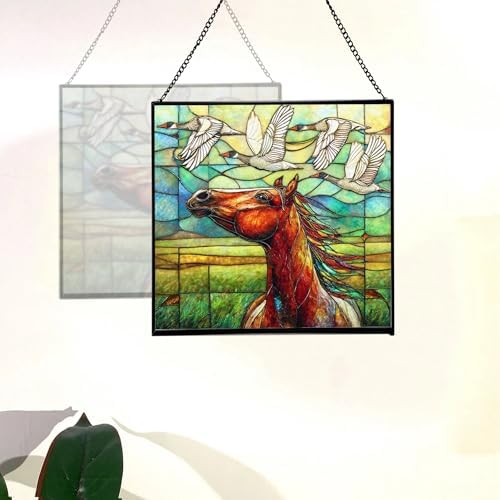 Bay Roan Horse Watching Geese Fly Over Meadow Square Suncatcher – Stained Glass Style Window Panel with Pastoral Scene, Custom Decorative Hanging Art for Equestrian Home, Christmas qcXOkw - Image 4