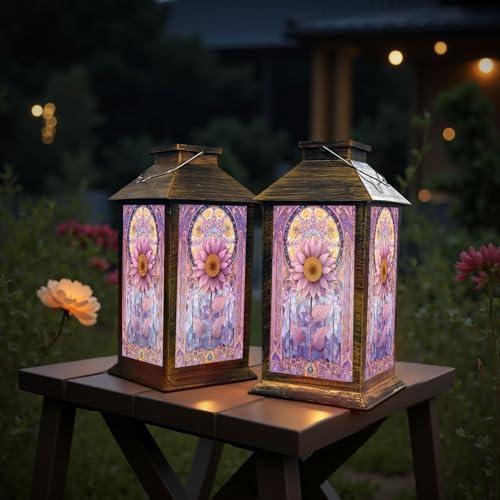 Stained Glass Style Solar Lantern Outdoor Garden Hanging Lantern Stunning Sunflower Stained Glass Art Pastel Mosaic Border Waterproof Solar Powered Lighting Outside Table Lamp for Patio Deck Yard - Image 6