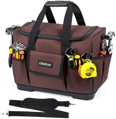 19-Inch Tool Bags For Men Heavy Duty, 29 Pockets Large Tool Organizer Bag with Hard Plastic Bottom & Waterproof Oxford, Electrician Tool Bag for HVAC Mechanic Contractor Construction Work by Unknown