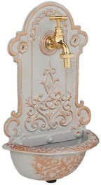 Relaxdays Wall Fountain, Antique Design, Basin & Water Tap, for Garden & Patio, 36 x 22 x 10.5 cm, Cast Iron, Gold/Grey, Brass by Relaxdays