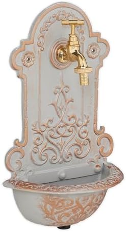 Relaxdays Wall Fountain, Antique Design, Basin & Water Tap, for Garden & Patio, 36 x 22 x 10.5 cm, Cast Iron, Gold/Grey, Brass by Relaxdays