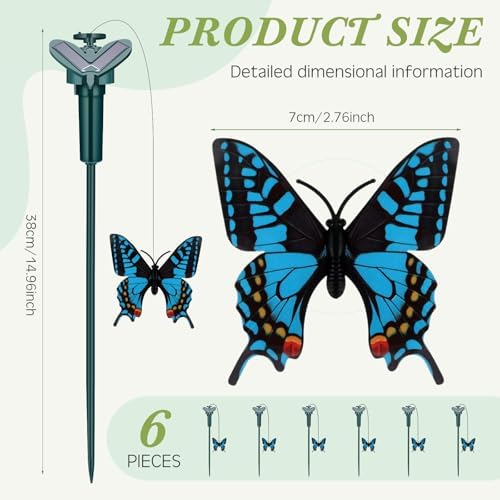 Tujoe 6 Pcs Butterfly Garden Stakes Decorative, Solar Moving Fluttering Butterfly Outdoor Waterproof Flying Butterflies Decor for Yard Pathway Garden Landscape Ornament, Battery Also Powered (Blue) - Image 2
