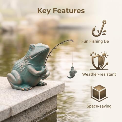 Larger Frog Statues Outdoor Garden Decor - 8.3" Antique Copper Fishing Frog Statue Outdoor Garden Statue & Koi Pond Decor, Animals Sculpture Accessory for Patio, Lawn, Yard Decoration, Gift for Mom - Image 6