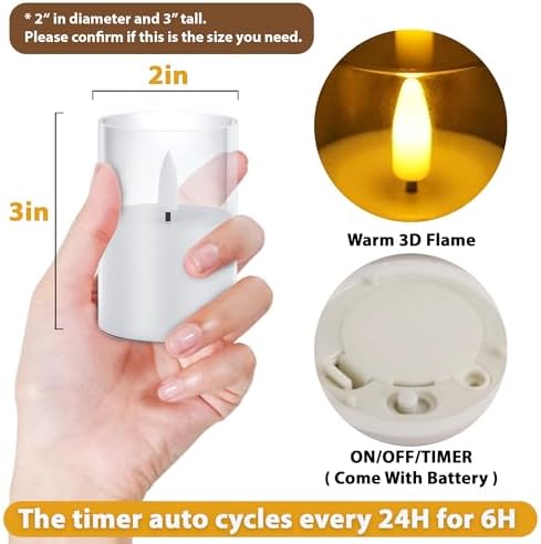 VIODAIM 12Pack Flickering Flameless LED Candles with Timer, Battery Powered - Small Pillar & Votive, Clear (2"X3") - Image 3