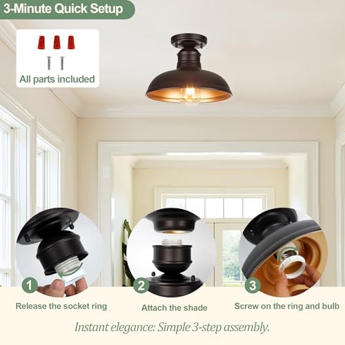 GOLDHILL 10" Semi Flush Mount Ceiling Light, Oil Rubbed Bronze Industrial Barn Shade with Gold Interior, 1-Light Bowl Fixture for Kitchen Island, Hallway and Covered Porch - Image 6