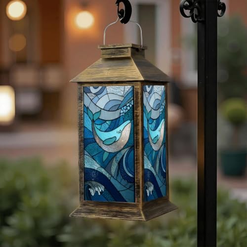 Solar Lantern Leaded Glass Whale Art Dreamy Outdoor Waterproof Garden Hanging Lantern Solar Powered Lighting Outside Solar Light for Patio Yard Camping, Gifts for Women Mom - Image 6