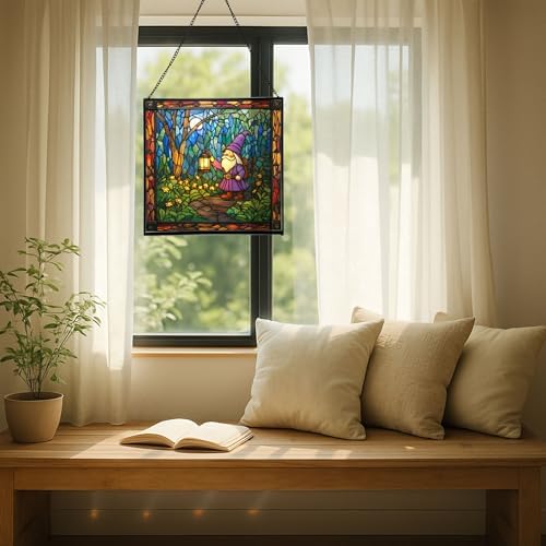 Gnome with Lantern Stained Glass Suncatcher – Square Hanging Window Panel for Home, Garden, Nursery, Halloween, Christmas, Memorial Day – Whimsical Glass Art Gift for Gnome Lovers k7q0lr - Image 7