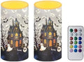 Set of 2 Halloween Flameless Candles Bulk Battery Operated Candles with Timer Remote LED Pillar Lights for Trick or Treat Party Ghost Haunted House Print Flickering Table Lights by Merkmak