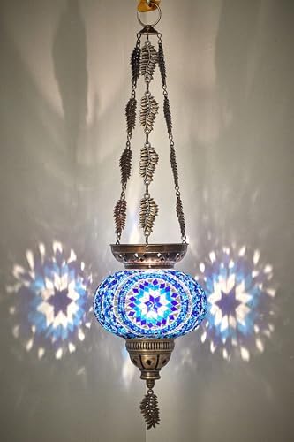 DEMMEX Turkish Moroccan Mosaic Hanging Candle Holder Decorative Lantern with Colorful Mosaic Glass Globe and Metal Leaf Chains, Handmade in Turkey, 24" H, Blue - Image 6