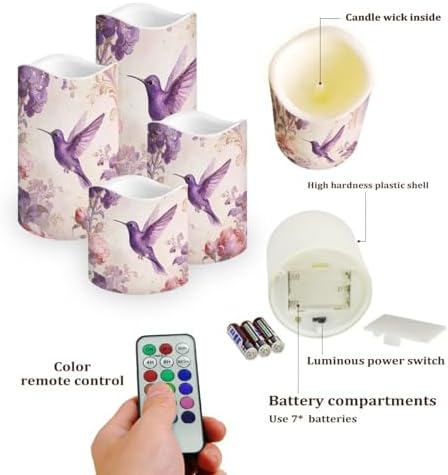 Rose Purple Hummingbird Flower Flickering Flameless LED Candles with Remote and Timer Set of 4 Color Changing Battery Operated Candles Home Birthday Decoration - Image 3