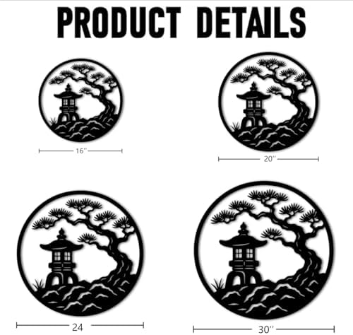 Japanese Garden Pagoda Scene Metal Wall Art Metal Outdoor Decor Metal Signs Minimalist Aesthetic Elegant Wall Decor Home Decoration for Living Room Bedroom Zen Style Centerpiece (Black,16inch) - Image 2