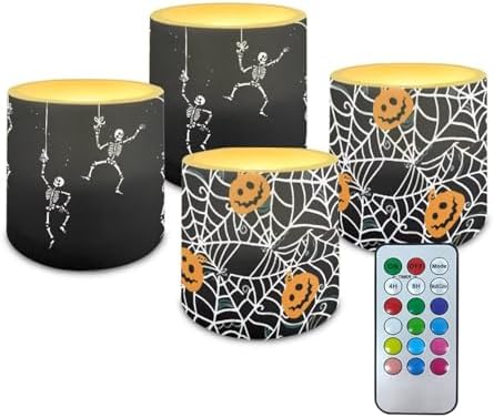 Halloween Flickering Flameless Candles with Remote Battery Operated Candles with Timer Control 4Pcs LED Pillar Tea Lights for Party Banquet Home Decor, Spider Web Pumpkin Skeleton by Merkmak
