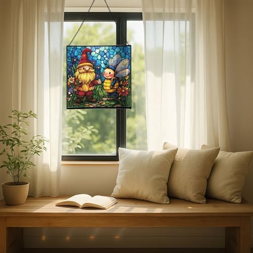 Bee Friend Gnome Stained Glass Suncatcher – Square Hanging Window Panel for Home or Greenhouse – Whimsical Glass Art Gift for Garden Lovers, Christmas, Halloween, Father Days SepAyu - Image 7
