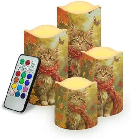Fall Maple Leaves and Cat Flameless Candles with Timer and Remote Battery Operated LED Candles Color Changing Thanksgiving Day Party Pillar Candles Bulk Fake Candles for Festival Home Decor by Uorisanigo