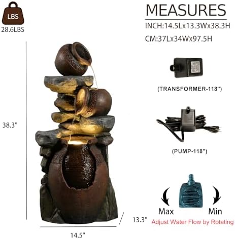Garden Water Fountain Outdoor Decor - 38.4" 3 Tier Standing Cascading Waterfall Outdoor Water Fountain with LED Lights & Pumps,Natural Design for Garden,Patio, Porch, Backyard, Home Art Decor - Image 2
