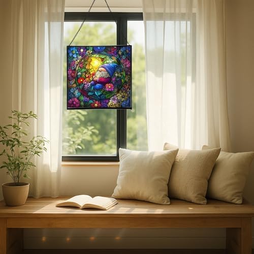 Floating Bubble Nest Gnome Stained Glass Suncatcher – Square Hanging Window Panel for Home or Greenhouse – Whimsical Glass Art Gift for Garden Lovers, Christmas, Halloween, Father Days 7tJsym - Image 7