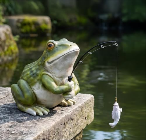 Outdoor Pond Frog Statues Garden Decor - 8.3" Larger Fishing Frog Statue Outdoor Garden Statue & Koi Pond Decor, Frogs Sculpture & Figurine Accessory for Patio, Lawn, Yard Decoration, Gift for Mom by DHOBY+GHAUT