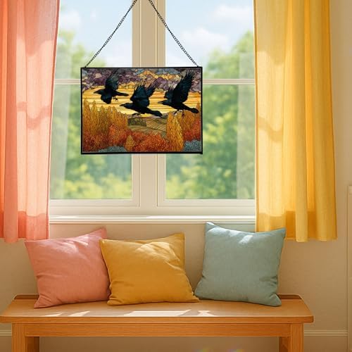 Crows Flying Over Autumn Orchard Rectangular Stained Glass Suncatcher – Hanging Window Panel with Animal & Nature Scene – Vibrant Glass Art Gift for Wildlife, Fantasy, Nature Lovers 7dAAVL - Image 5