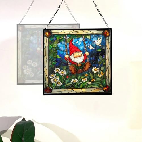 Swinging Garden Gnome Stained Glass Suncatcher – Square Hanging Window Panel for Home or Greenhouse – Whimsical Glass Art Gift for Garden Lovers, Christmas, Halloween, Father Days 1qxQ97 - Image 4