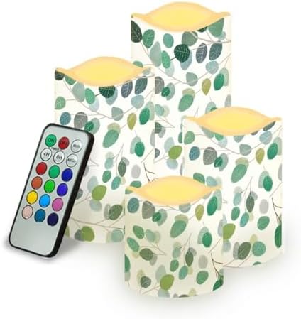 Green Leaves Flameless Candle with Remote Control Electric LED Pillar Candle Timer Color Changing Long Lasting Pack of 4 Battery Candles for Tabletop Beach Home Indoor Decoration by Uorisanigo