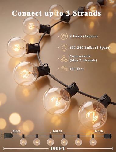 Abeja Outdoor String Light 100 Ft G40 Patio Lights with 105 Edison Glass Bulbs E12 Socket Base (5 Spare) Globe Clear Hanging Lights for Backyard Balcony Deck Party Decor, Not Connectable, Black - Image 2