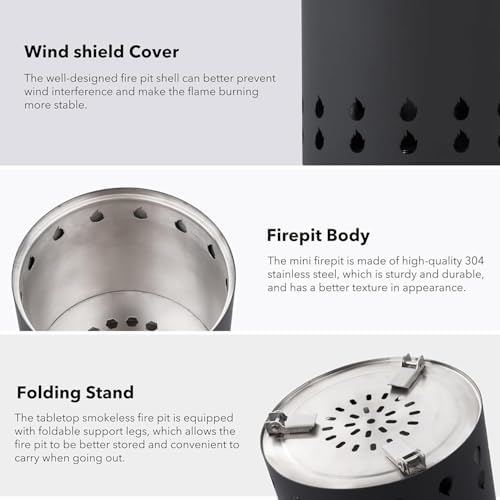 Portable Tabletop Fire Pit with Carry Bag, 360° Low-Smoke Stainless Steel Fire Bowl, Foldable Legs & Easy Clean for Camping,Beach, Bonfire Pits for Outdoor Ambiance(18cm) - Image 6