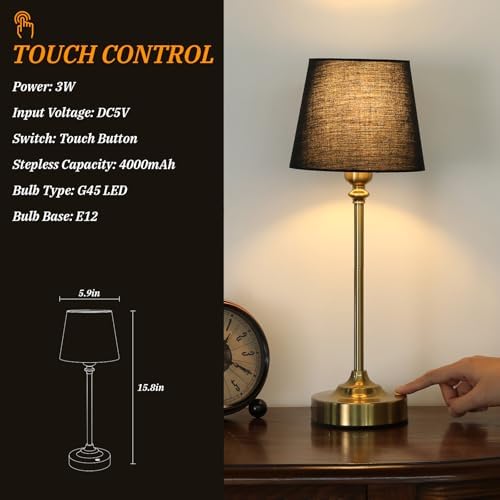 Kakanuo Cordless Table Lamps Rechargeable Set - 2 Pack Brass 4000mAH Battery Operated Lamps for Decor, 3000K Stepless Dimming Touch Wireless Lamp for Bedroom, Dining Table, Living Room, Black Shade - Image 5
